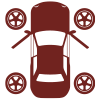 Maroon icon of car and tires, car alignment and suspension